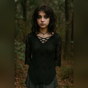 Criss Cross Vneck Sheer Lace Overlay Black Juniors L 11-13 Babydoll Whimsygoth